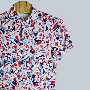 Good Good Golf Mens Large Polo Shirt Red White Blue Geometric Print Performance